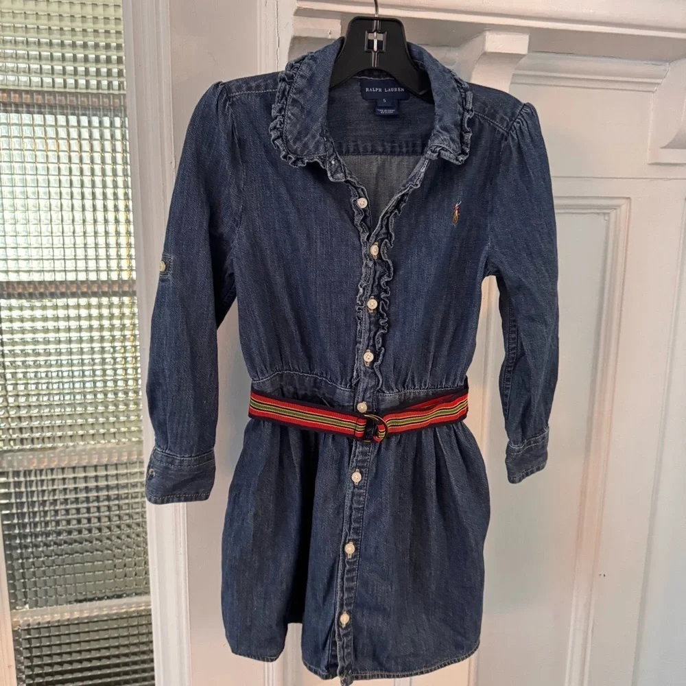 Ralph Lauren Girls Denim Button Up Dress, Long Sleeve Belt Size 5
